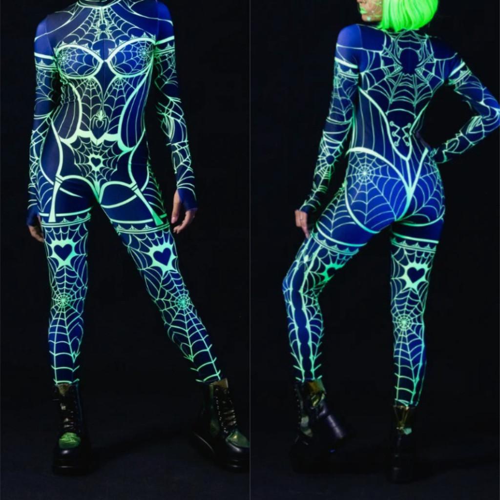 Unisex Cyber Punk Spider Web 3D Digital Printing Halloween Cosplay Costume Women Men Carnival Jumpsuit Party Role Play Outfit