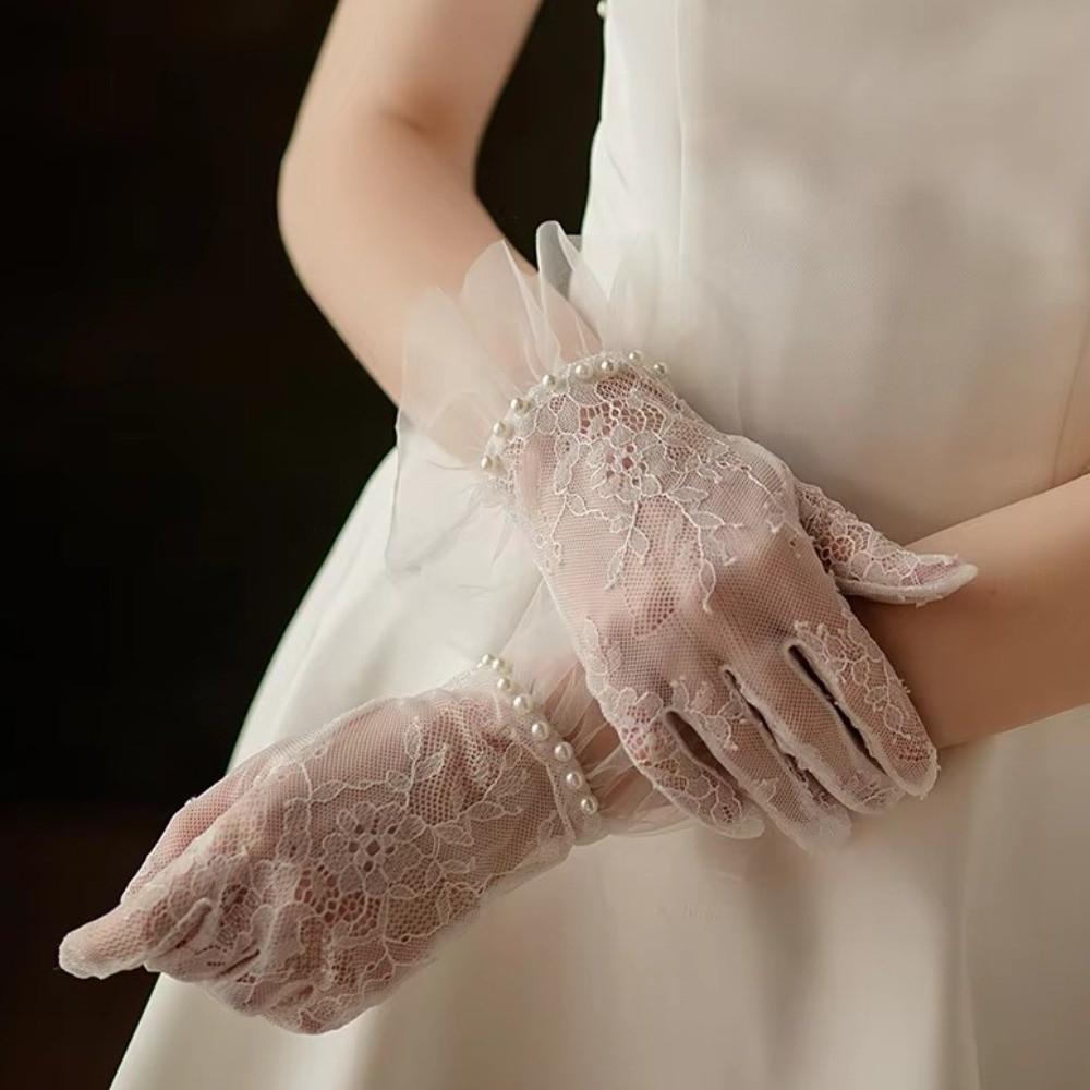 Mesh Fingerless Lace Gloves Pearls Decoration Wedding Gloves Bridal Arm Sleeves  Sun Protection