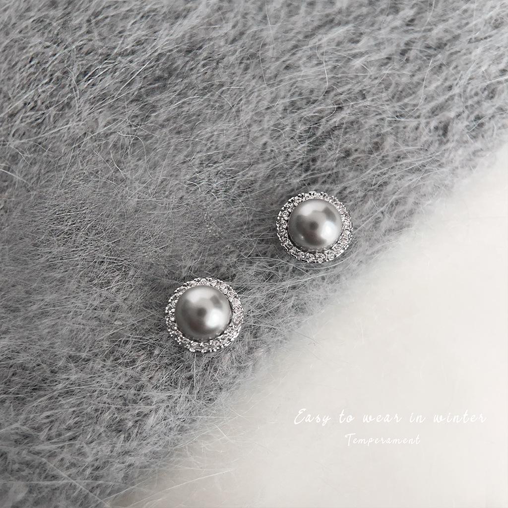 Shi Jia Shinju Gray Pearl & Zircon Stud Earrings - Simple, Light Luxury Style