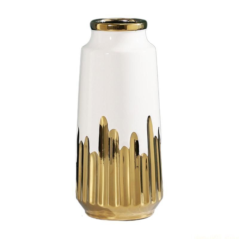 QX2E Nordic Golden Electroplating Ceramic Vase Modren Home Flower Pot for Living Room Bedroom Office Decoration
