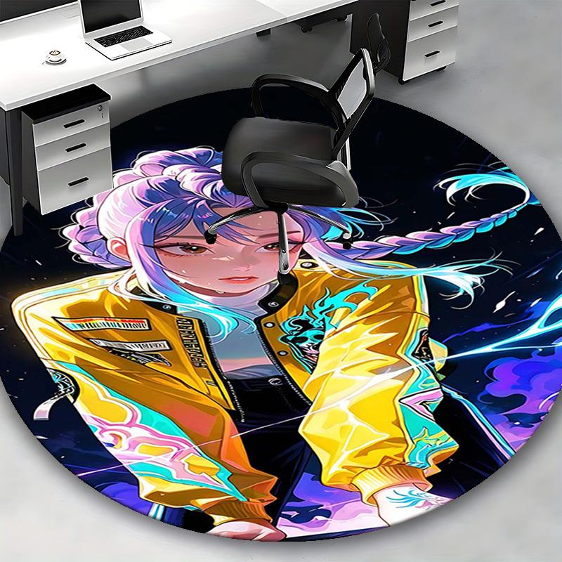 1pc Anime Design Round Carpet for Office Chair Mat, Non-Slip Rug Suitable for Home Decor, Living Room, Bedroom