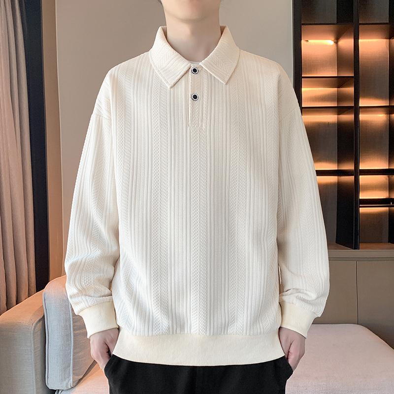 Pánská textura pletená polo mikina, bílá s dlouhým rukávem, ležérní top s knoflíkovým límcem, regular fit, streetwear styl pro každodenní nošení