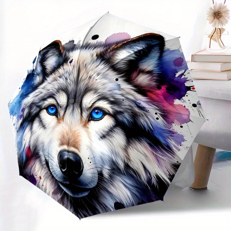 1 Stück Blauäugiger Wolf Vollautomatischer Faltbarer Tragbarer Regenschirm, 8 Eisenstäbe, Dreifach faltbares Design, Geeignet für Alle Jahreszeiten, Geeignet für den Außenbereich