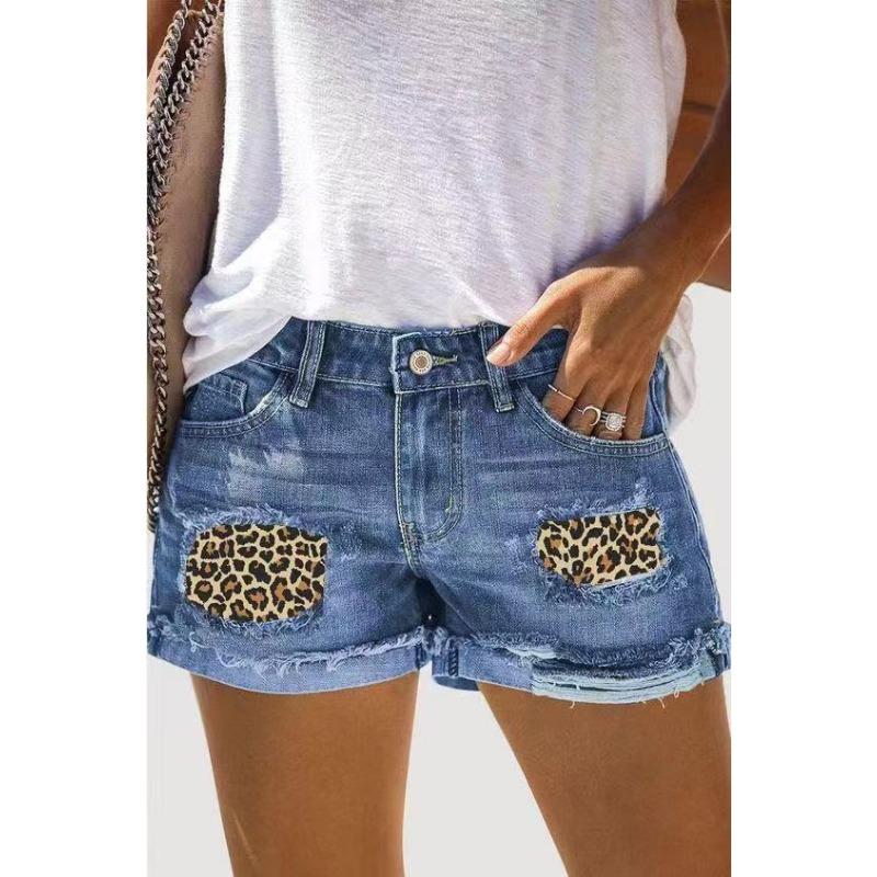 Summer Women's Denim Shorts High Waist Hole Street Hipster Printed Shorts