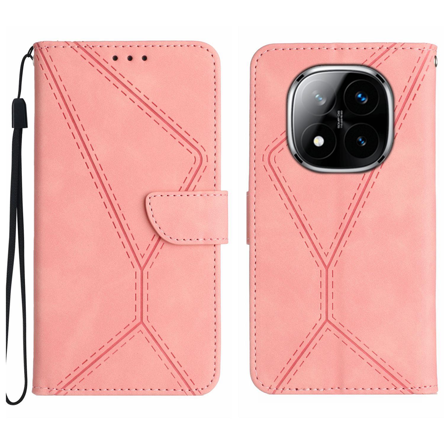

For Xiaomi Redmi Note 14 Pro 4G Case Skin Touch Lines Imprinted PU Leather Flip Phone Cover Pink
