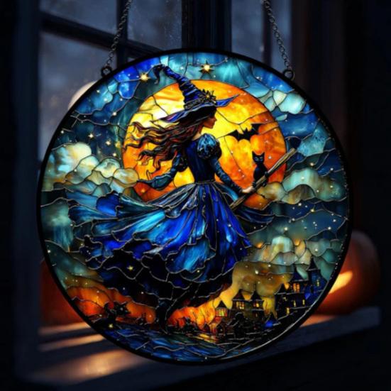 10/15/25CM Halloween Witch Suncatcher Hanging Decoration Black Cat Bat Moon Witch Stained Glass Acrylic Wall Window Hanging Sign Ornament