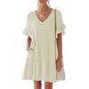 Women's Casual Short Sleeve Down Dress Summer Ruffle Pocket Elastic Waist A-Line Swing  Dresses
