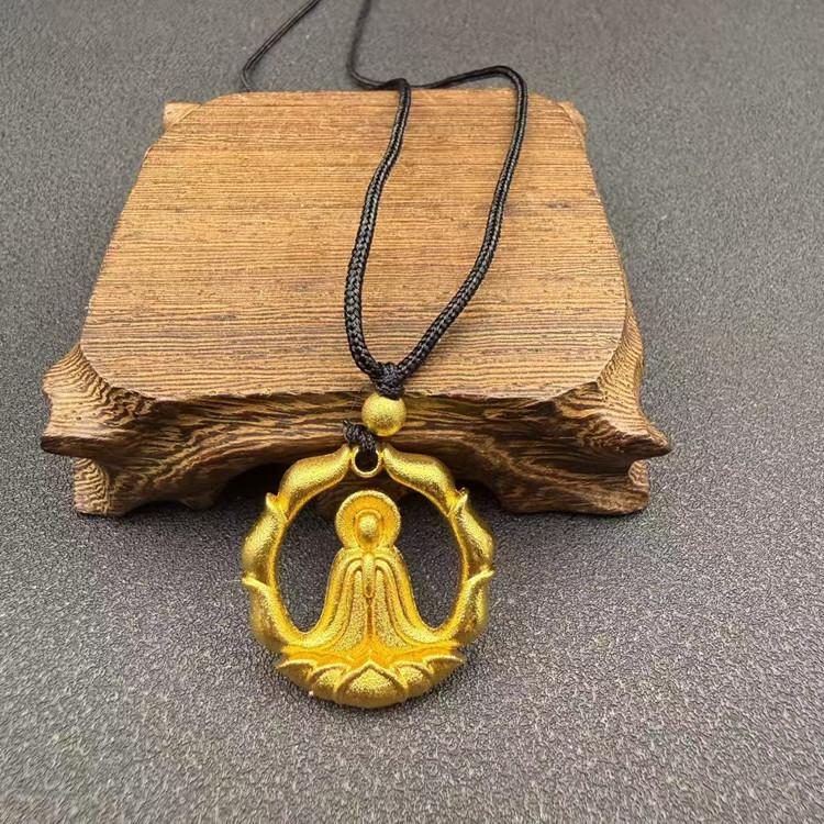 Vietnam Gold-Plated Flame Guanyin Buddha Necklace with Dragon Pixiu and Peace Pendant