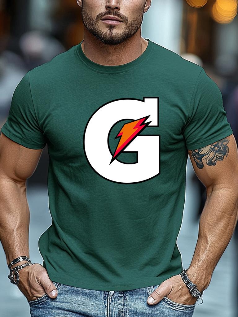 Mens Summer Sport TShirt Letter G Lightning Print Short Sleeve Round Neck Breathable Oversized Dynamic Daily Wear