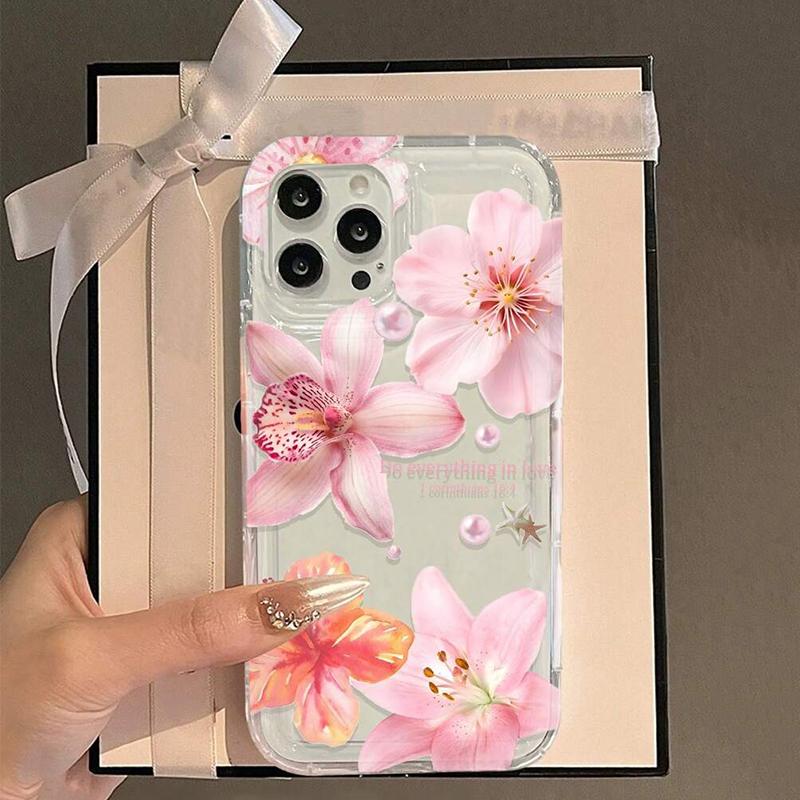 Transparent Pink Flower Trumpet Shockproof Soft Phone Case For Iphone 17 Air 16 16e 15plus 14 13 12 11 Pro Max Protective Cover