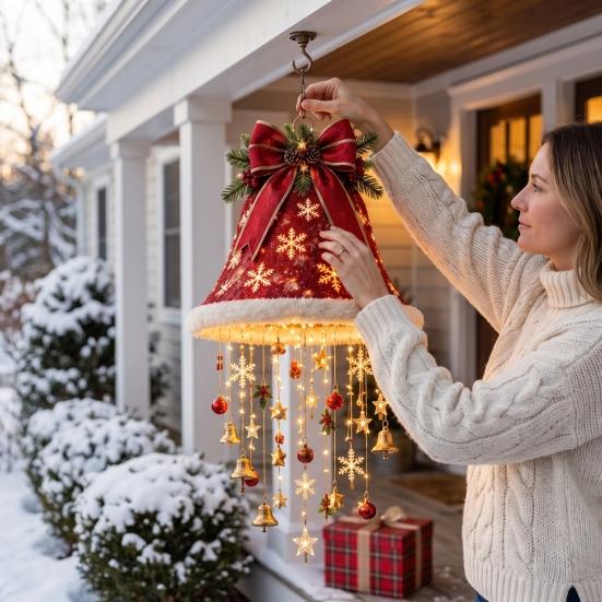 Indoor Living Room Ornaments Lighted Christmas Ceiling Hanging Decor, Pre-Lit Tree Bell Pendant with Big Decor Warm LED, Porch Doorway Holiday