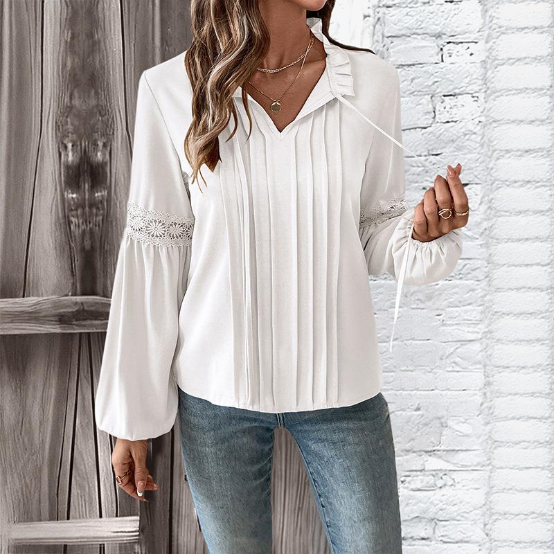 

Жіночі модні повсякденні весняно-осінні однотонні блузки та сорочки з довгим рукавом і V-подібним вирізом із принтом YYFS XL