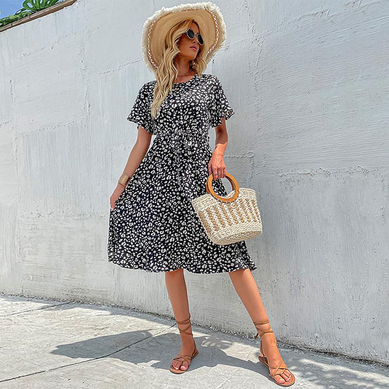 YYFS Dámská móda Léto Jaro Květinový potisk Neformální šaty s krátkým rukávem do O-výstřihu