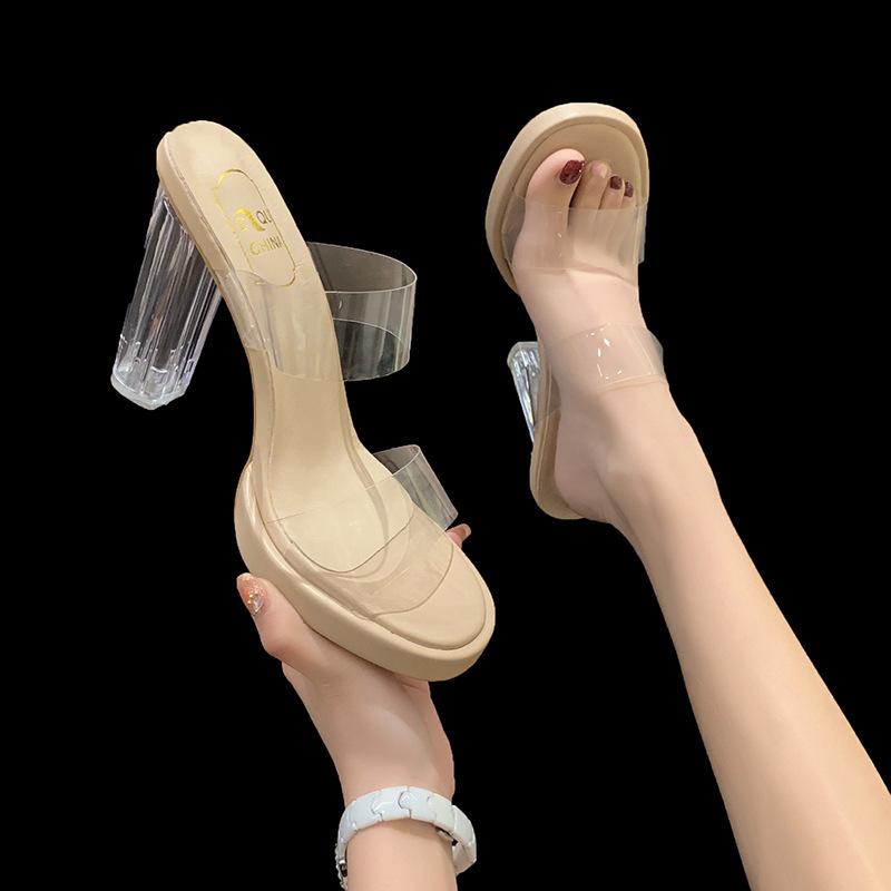 High-heeled slippers women's summer new one-word with PVC outer wear fashion crystal heel