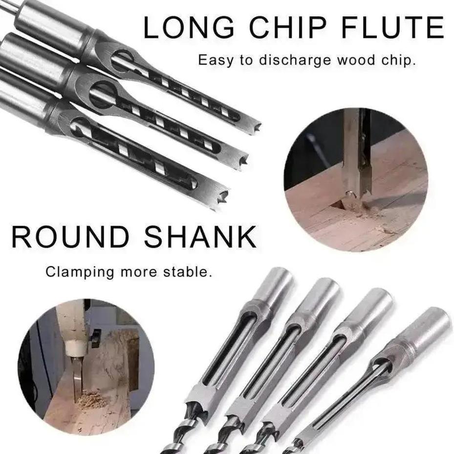 1/4” 5/16” 3/8” 1/2” 4PCS/Set Woodworking Square Drill Bit Wood Mortising Chisel Countersink Drill Bits Hole Saw Power Tool Kit
