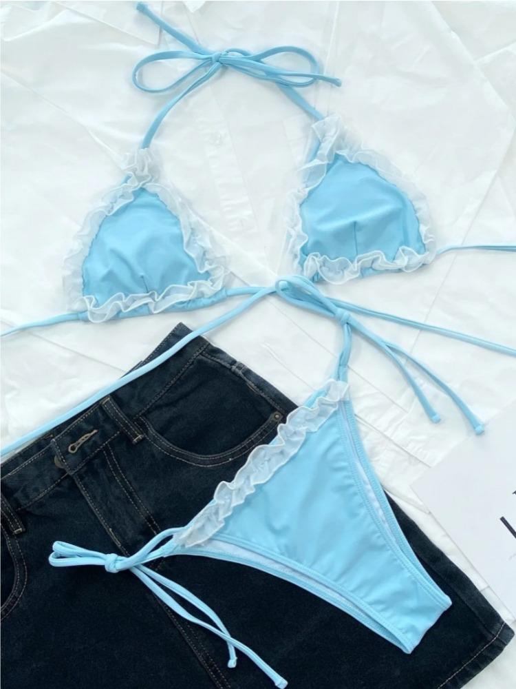 

Сексуальный женский купальник бикини купальник кружевной треугольный вырез халтер голубые бикини комплект купальный костюм пляжный бикини женский бикини L небесно-голубой