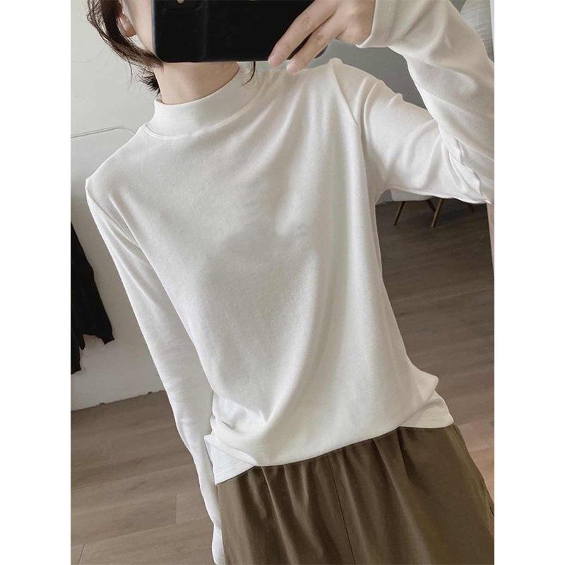 Women's Retro White Half-High Collar Long Sleeve Slimming T-Shirt - Autumn Winter Lazy Style Base Layer