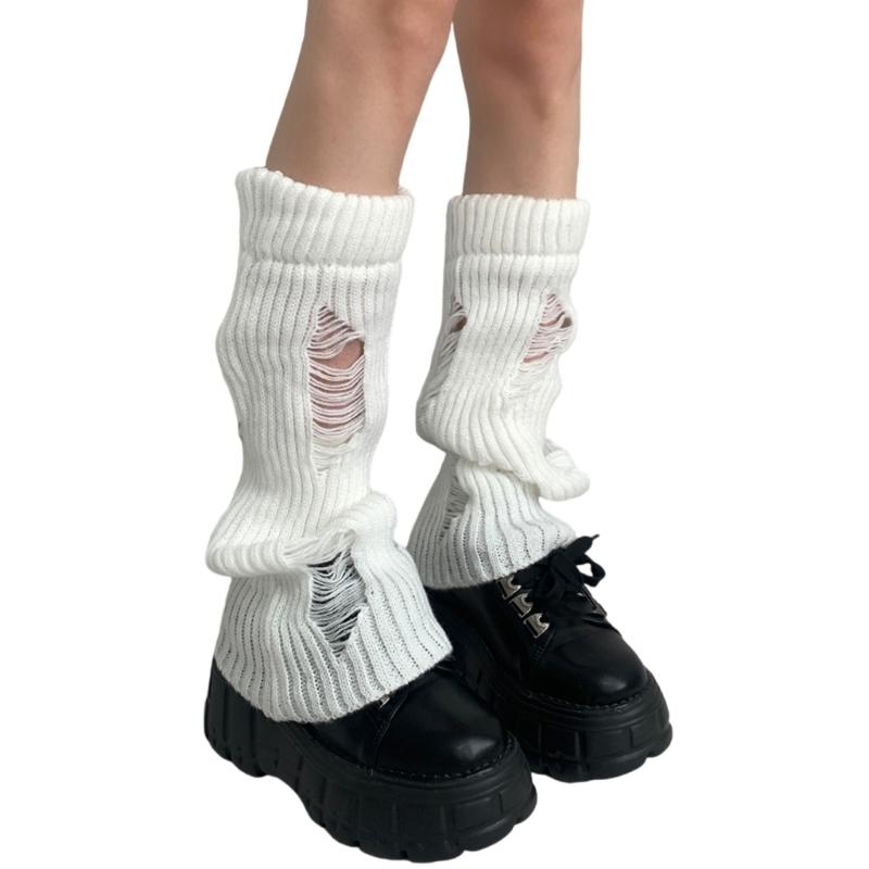 Womens Girls Lolitas Holes Leg Warmers Winter Knitted Leg Sleeves Goth Crochet Ankle Heap Socks JK Uniform Foot Cover