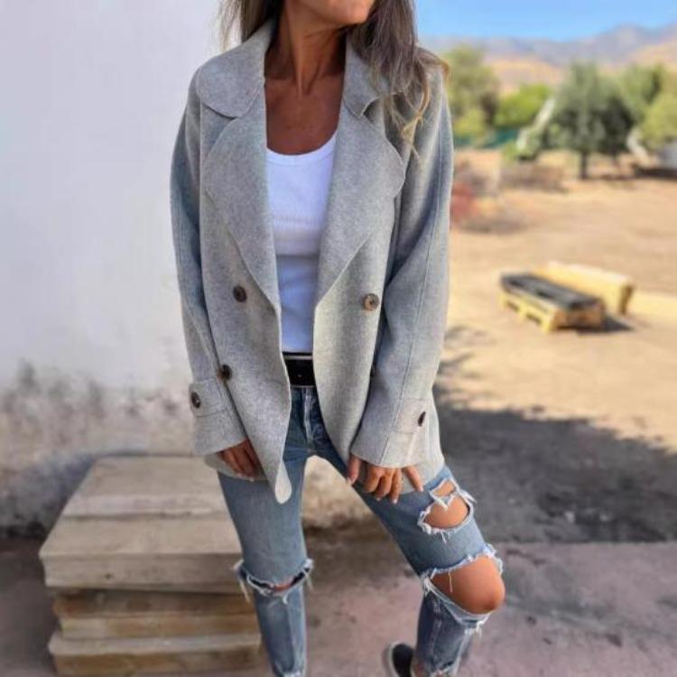 Winter Women Double Breasted Woolen Overcoat Solid Color Coat Loose Fit Thermal Long Sleeve Turn Down Collar Dating Commuting Outerwear