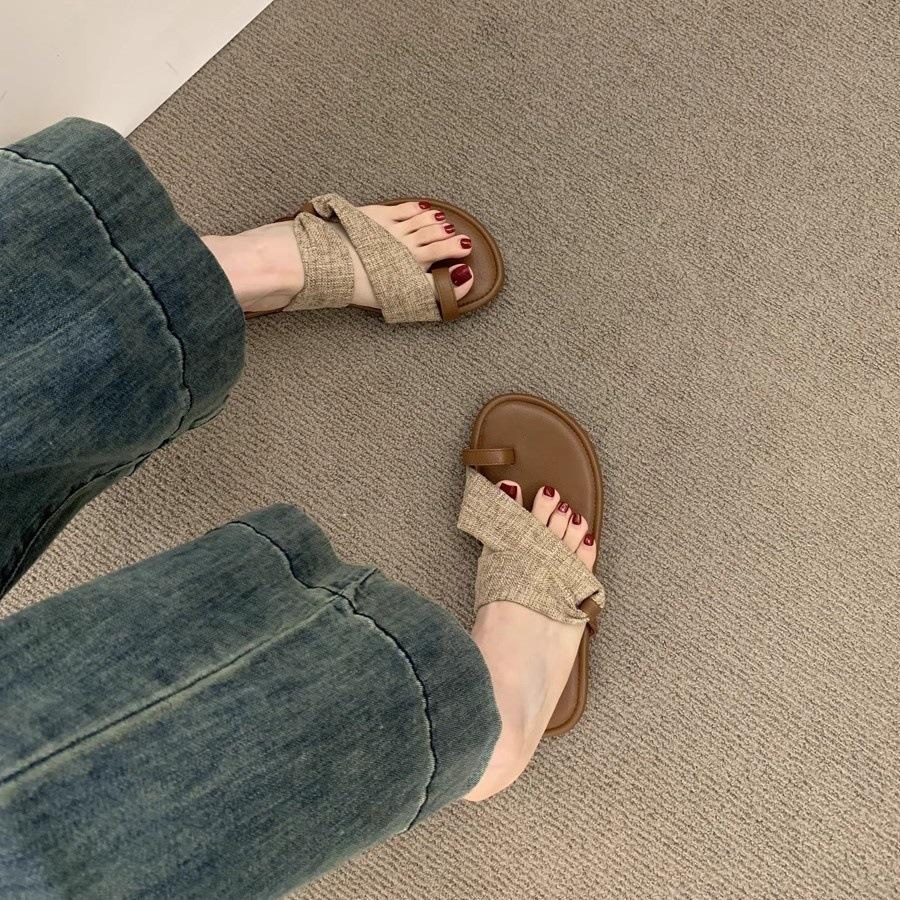 Two-way Linen One-word with Sleeve-toe Sandals Women's Summer Vacation Style Leisure Beach Roman Shoes Outside Slippers