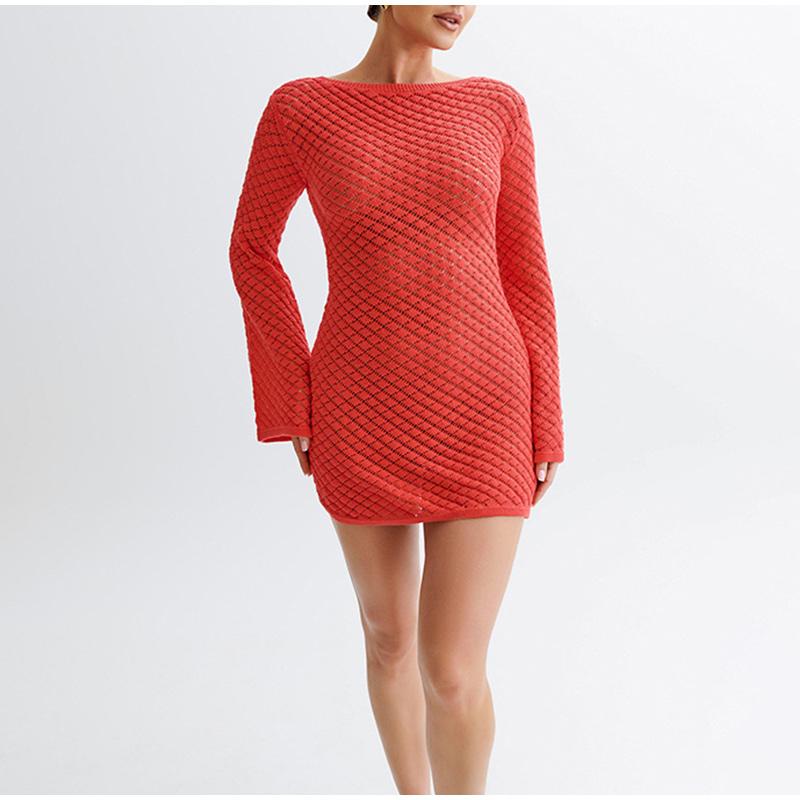 Women's Long Sleeve Backless 2026 Spring Summer Knit Dress Beach Bikini Cover-Up Tunic Hollow Out Crochet Swimsuit Female Swimwear