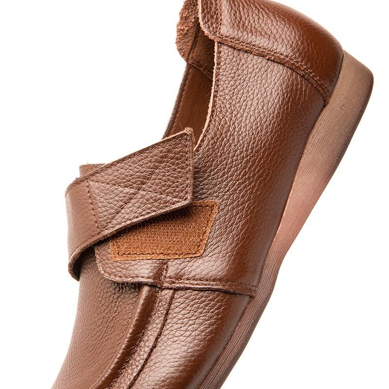 Spring Leather Beef Tendon Soft Sole Single Shoes Women's Flat Heel Deep Mouth Velcro Retro Handmade Middle and Old Mother Shoes