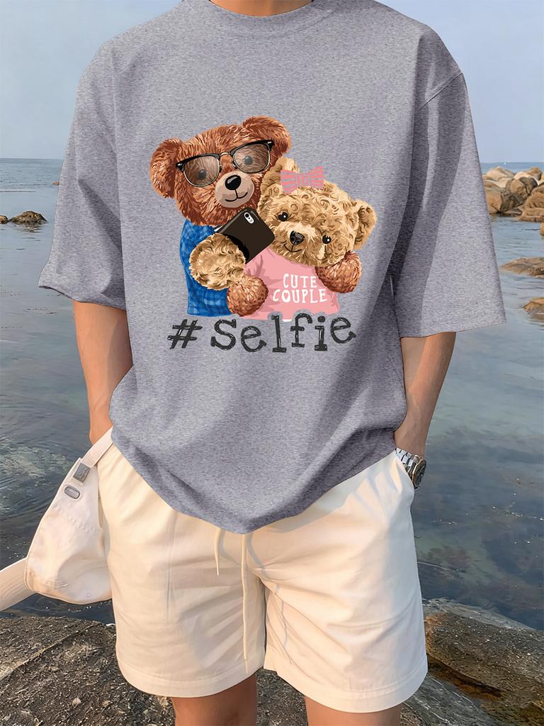 Cute Couple Bears Selfie Printing TShirts Womens Summer Cotton Short Sleeve Tees Loose ONeck Comfortable Tops Casual Clothes