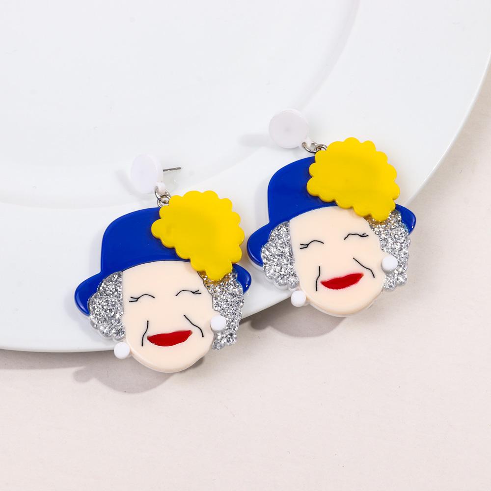 New Queen Elizabeth II Acrylic Earrings for Women Resin Cute Cartoon Celebrity Hat Grandma Figure Drop Earring Fashion Jewelry синий