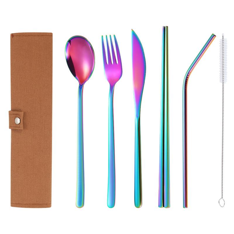 304 Stainless Steel Tableware Sets, Portable Tableware Bag, Knife, Fork, Spoon, Chopsticks, Straw, Full Sets, 6Pcs