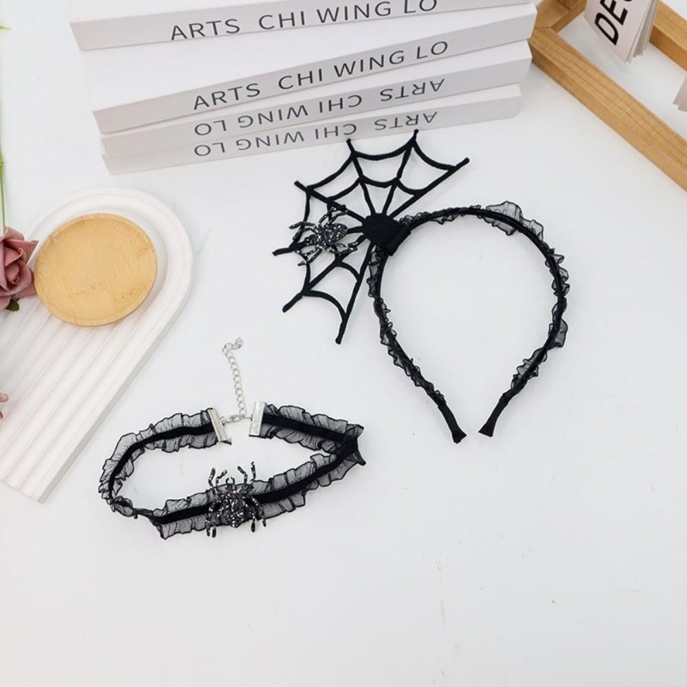 Ruffles Hairband Necklace Set Black Spider Web Hairband Funny Halloween Headband  Party