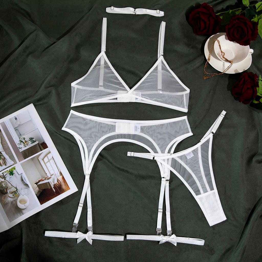 Sexy Polka Dot Lingerie Set 5Pcs Mesh Transparent Bras Thongs With Bow Leg Ring Erotic Intimate Wear