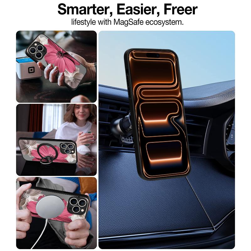Translucent Matte Magnetic Case For iPhone 17 16 15 Pro 14 13 Pro Max 16e 17e For Magsafe Big Floral Pattern Hard PC Back Cover