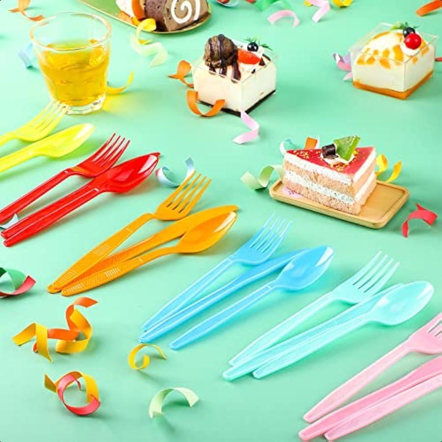 180 Pcs Neon Party Plastic Cutlery Set Includes Forks Spoons Knives Disposable Neon Silverware Sets for Parties 6 Colors