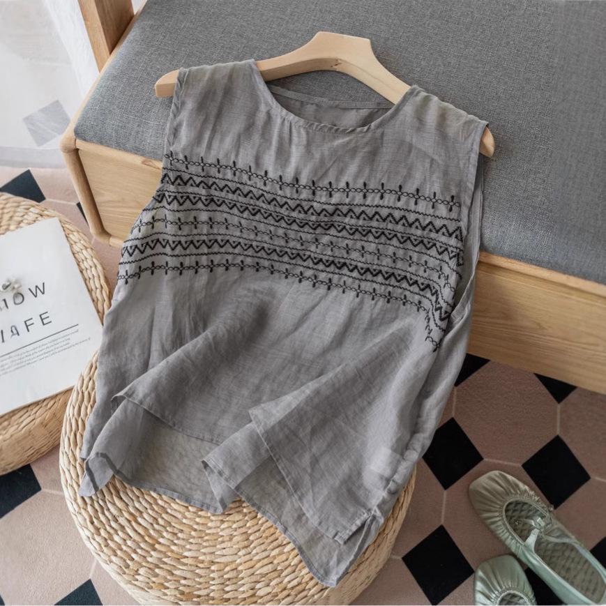 

Women s Retro Japanese Embroidery Linen Sleeveless Top - Summer 2025 2XL серый