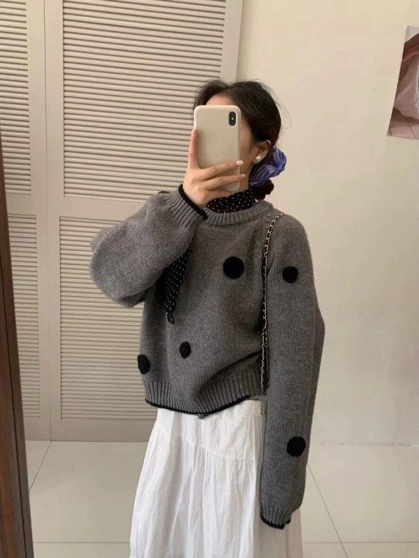 Women's Retro Polka Dot Fluffy Knit Sweater with Stand-Up Collar - Slimming Autumn/Winter Top