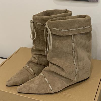 Mode Herbst Retro Braun Wildlederimitat Stiefel Damen Mode Spitz Zehen Schnürstiefeletten Komfort Rutschfest Flache Stiefel Botines De Mujer