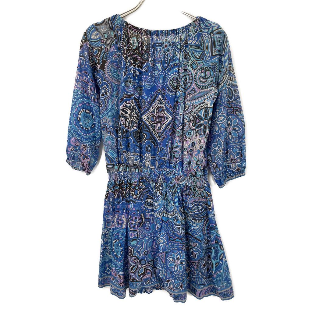LEONARD 0330815 Blue Cotton Paisley All-Over Pattern Half Sleeve Gathered One Piece Dress 36 blueUsed