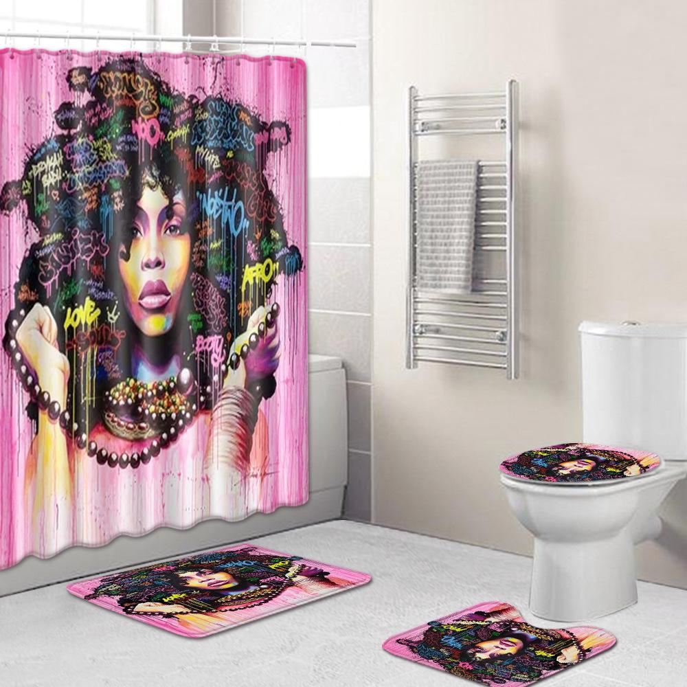 African American Women'S Bathroom Non-Slip Floor Mat, Shower Curtain Combination Carpet, European And American Wind Explosion Female Fixed Zhi