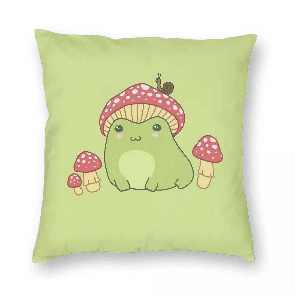 Funda Cuadrada para Cojín Kawaii Rana Sombrero de Champiñón Poliéster Lino Terciopelo Cremallera Decorativa Creativa Funda para Cojín de Lanzar Cubierta de Cojín para Habitación