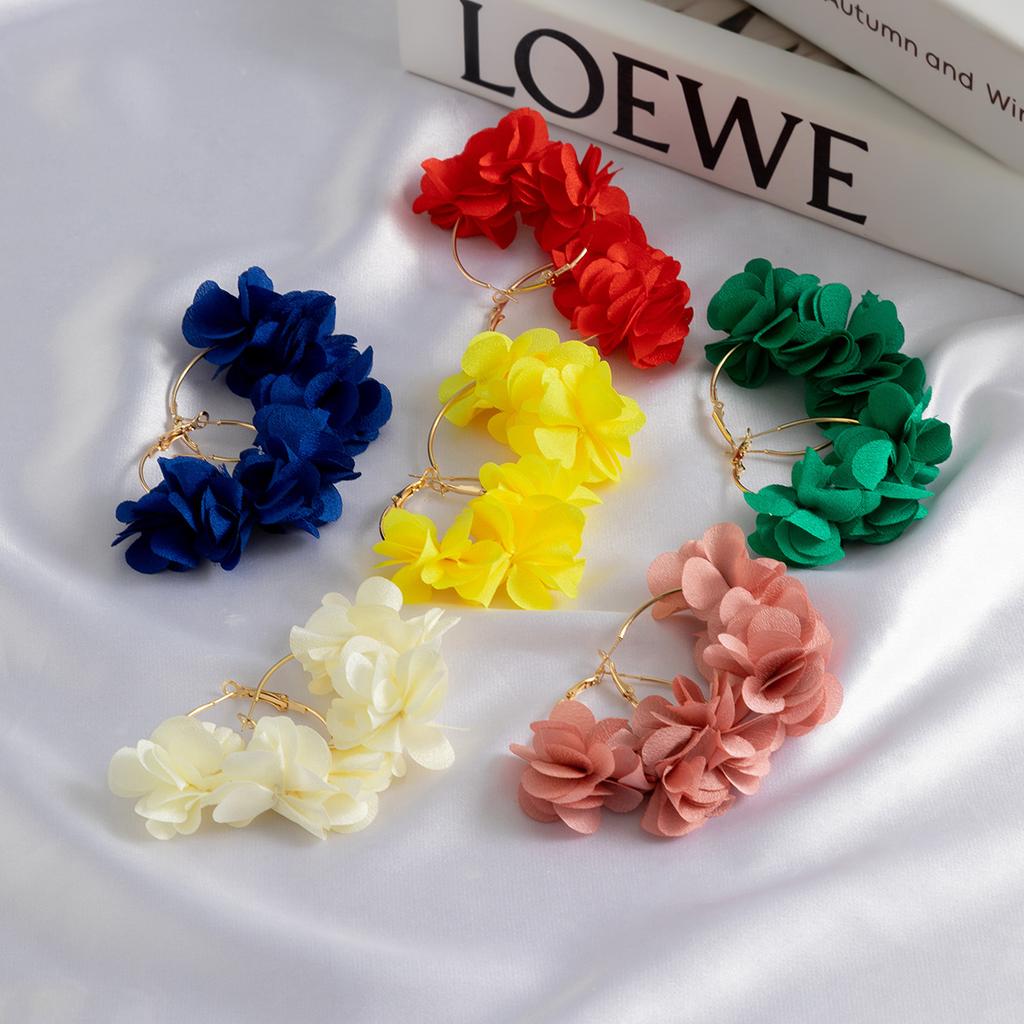 Holiday wind flower rose flower earrings, colorful fringed fabric flower earrings, accessories