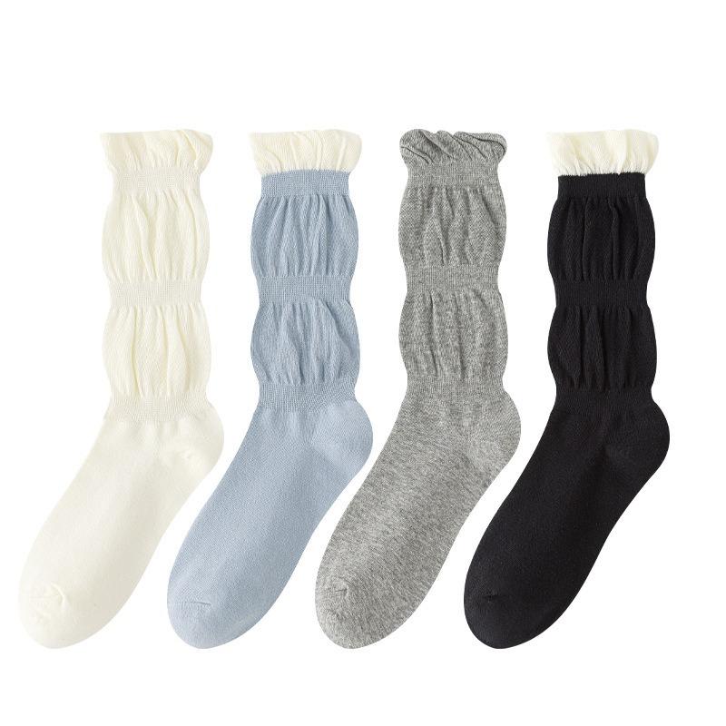 Female Autumn and Winter Solid Color Sweet Bubble Lace Calf Pile Pile Cotton Socks