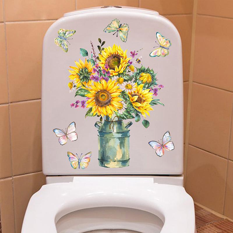 Sunflower Vase Wall Stickers Toilet Bathroom Decor Living Room Cabinet Home Decoration Beautiful Flowers Self-Adhesive Wallpaper