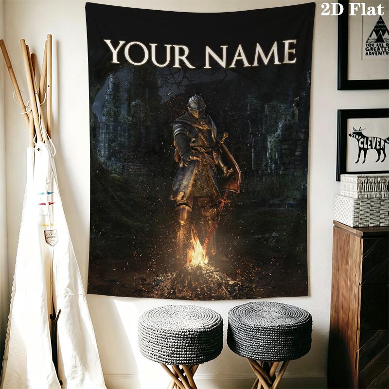 Custom Name Dark Souls Wall Tapestry Aesthetic Wall Hanging Printed Fabric Blanket Decorative Tapestries for Bedroom Living Room Home Decor
