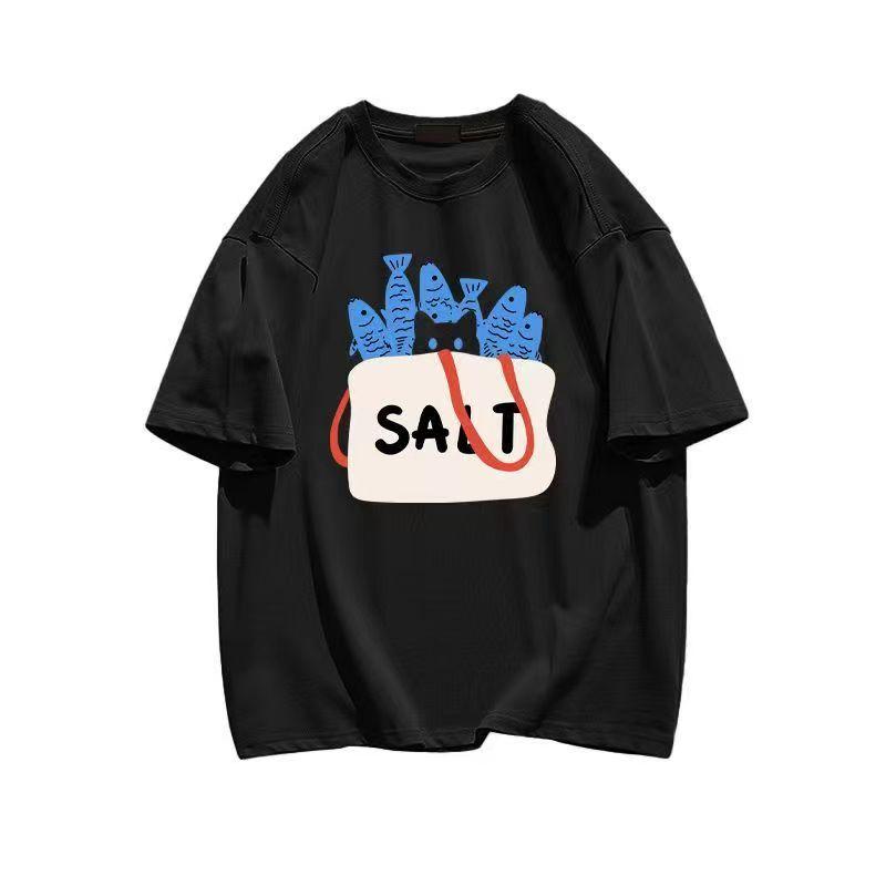 

Plus - Size Bicolor Short - Sleeve Tee: Cute Fish & “SALT” Bag Graphic - Men s Summer Cotton Graphic Tee S разноцветный