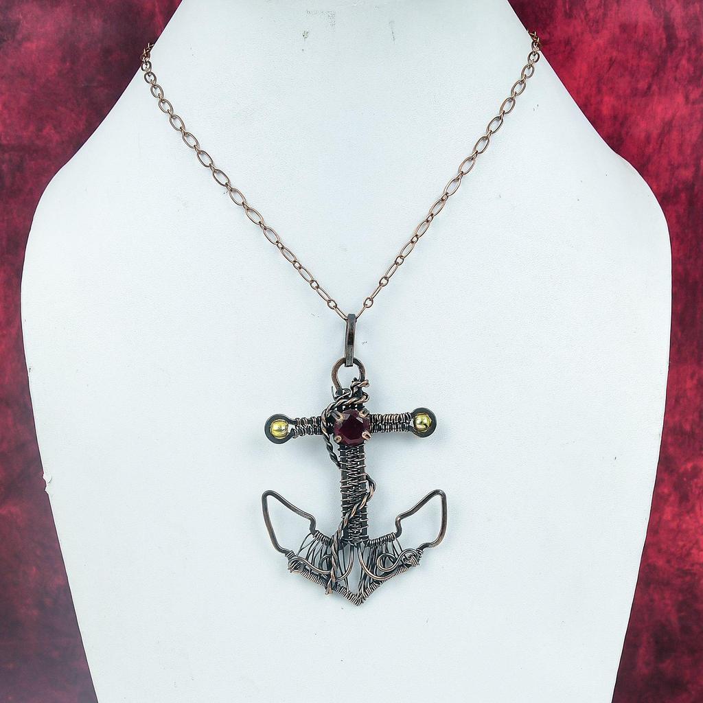 Faceted Mozambique Garnet Gemstone Pendant Copper Wire Wrapped Anchor Pendant