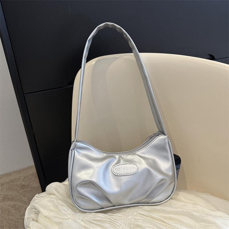 Borsa a Spalla da Donna Argentata con Materiale PU Pieghettato per Uso Quotidiano Casual