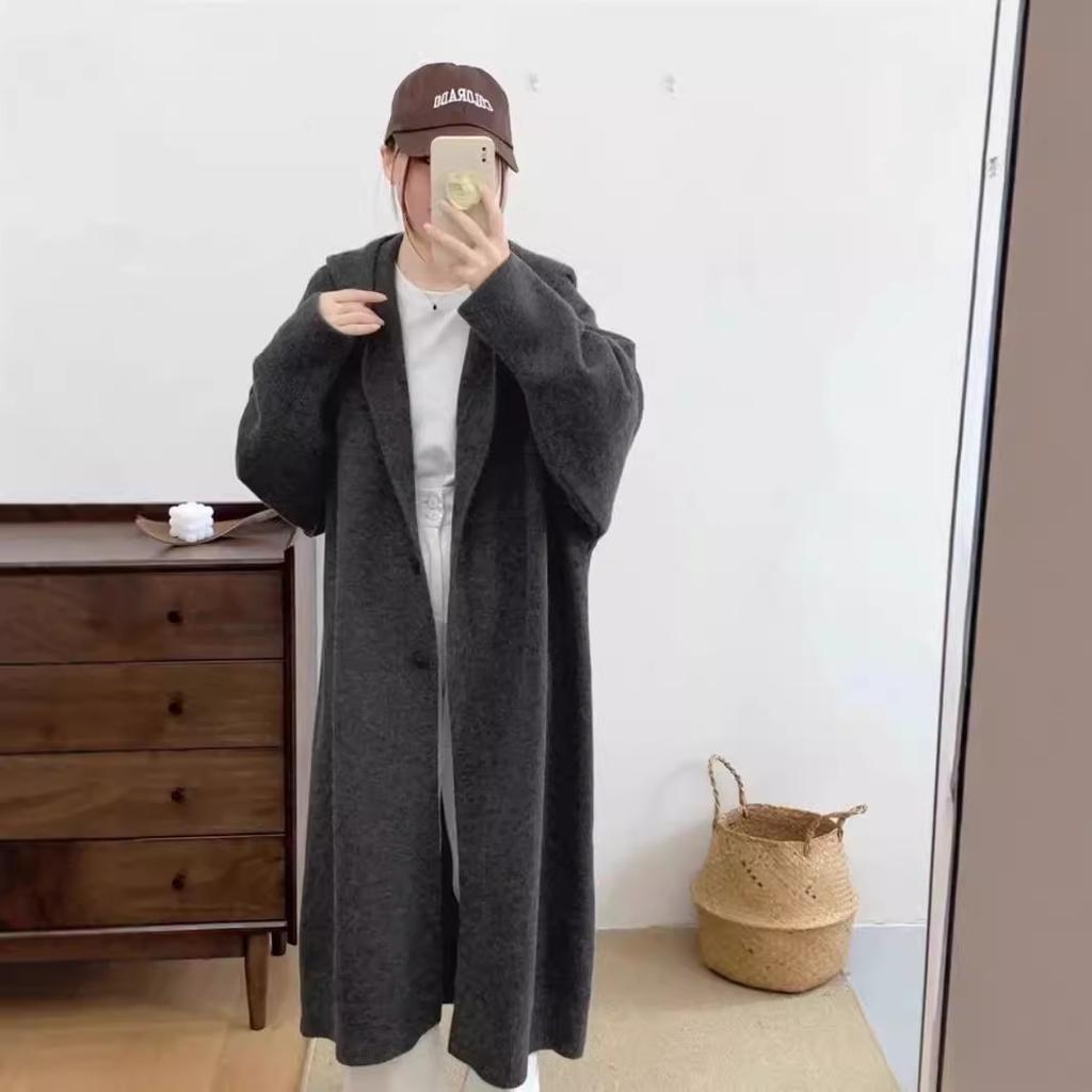 Large size cardigan simple and versatile lazy style soft waxy medium and long hooded sweater jacket women's new autumn and winter models