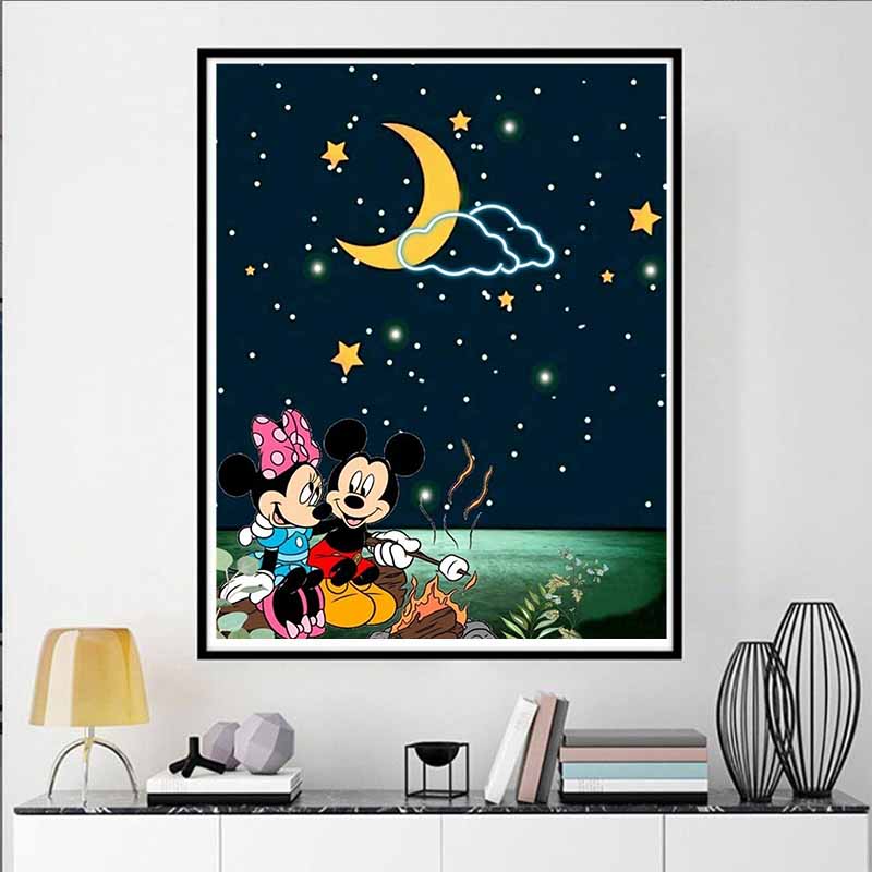 Disney Cartoon Diamond Painting Mickey and Minnie Moonlit Campfire Camping Healing Illustration 5D DIY Art CrossStitchKitMosaicEmbroideryHomeDecorGift