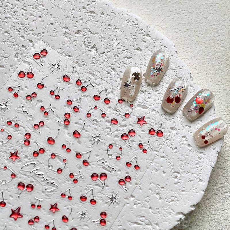 1 Sheet Chic Self Adhesive Manicure Decal Lovely Red Fruit Strawberry Bowknot 5D Nail Art Stickers Diy Accessories