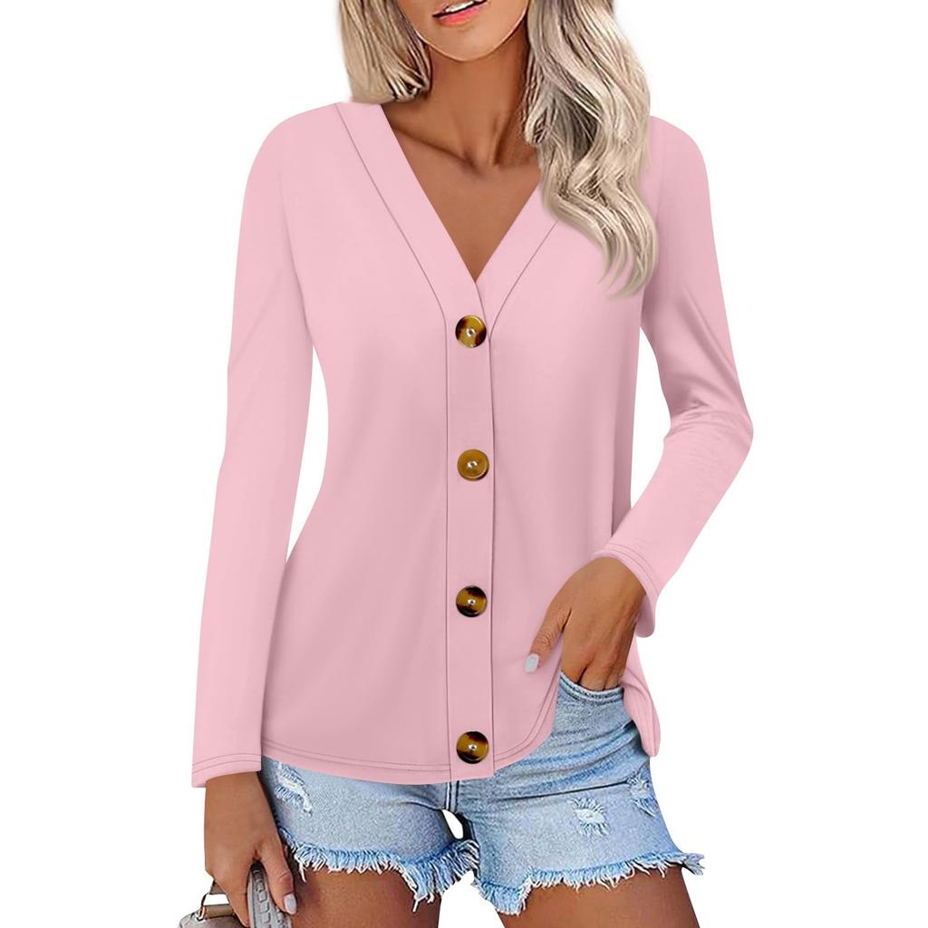 Women's Fashion Casual Solid Color Button-down Shirt Long Sleeve Tops